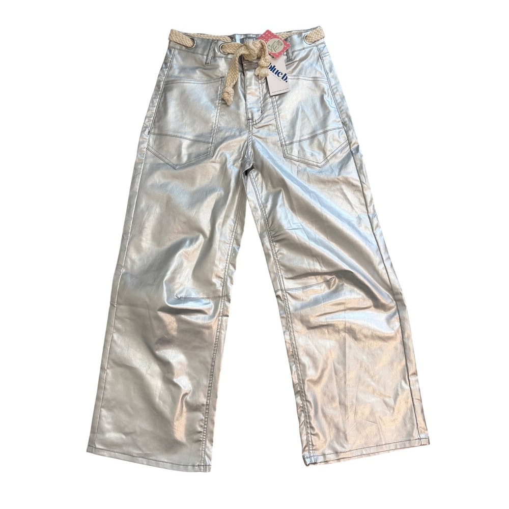 Blue B Collection Metallic Silver Grommet Rope Belt Wide Leg Barrel Pants M NWT